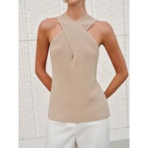 Commense Halter Cross-Over‎ Collar Tank Top Khaki size M